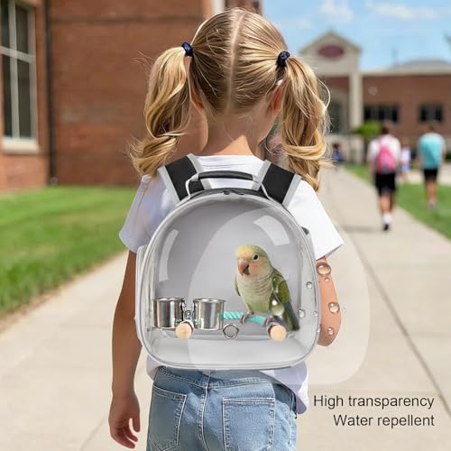 Image of Small Bird Travel Backpack Carrier Cage with Cups, Backpack to Transport Backpack Carrier with Clamp Cups Stand Perch for Parakeet Cockatiel Budgies Vet Carry Book Bag Black