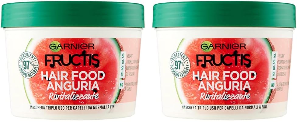 Garnier Fructis Hair Food Anguria Rivitalizzante, Maschera 3-in-1 per Capelli Fini, Balsamo, Maschera e Trattamento senza Risciacquo, 97% di Ingredienti di Origine Naturale, Senza Siliconi