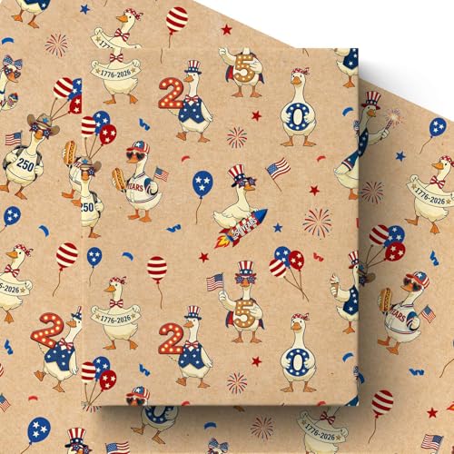 Liobelon 250th Anniversary Goose Wrapping Paper Roll, Patriotic Gift Wrap Funny Goose 4th of July Gift Wrapping Paper for 250 Years, Independence Day, Memorial Day, Vintage, 17 Inch x 16.4 Ft