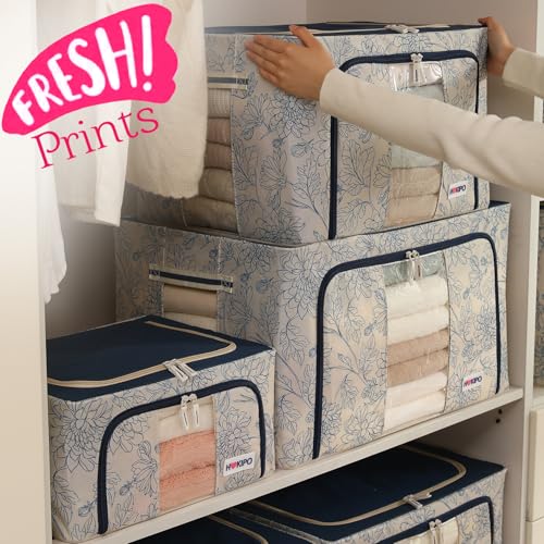 Image of HOKIPO 66L(L) Folding Storage Box and Organiser for Clothes, 600D Oxford Fabric Storage Box, Blue Blossom Pack of 1 (AR-6486-BLU)