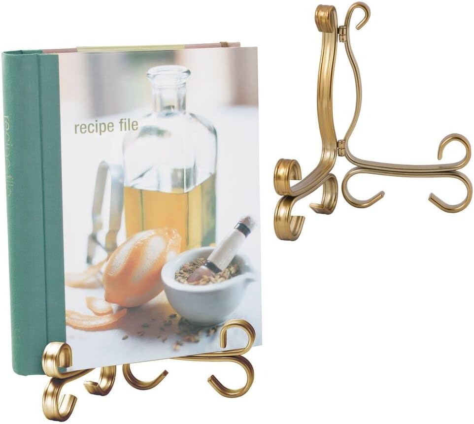 mDesign Decorative Metal Display Easel, Cookbook Holder, and Plate Stand for Kitchen and Household Storage of Tablets, Books, Plates, Pictures, Displays - 2 Pack - Aged Brass