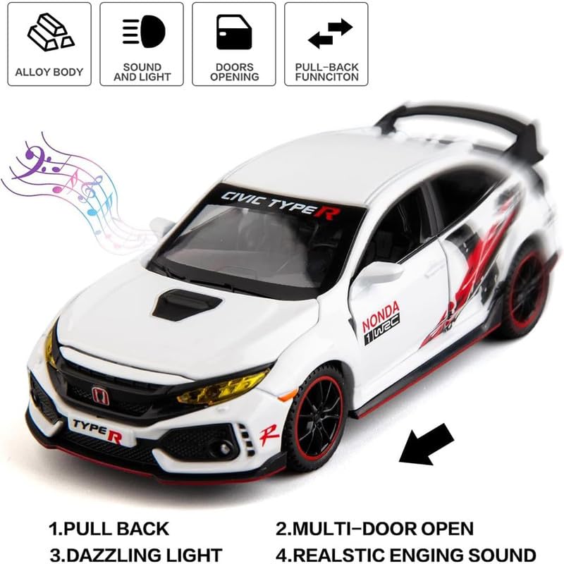Image of PINQUE Kids New Car 1:32 Civic Type R Diecast Alloy Metal Pull Back Car with Openable Doors Music Sound and Light Vehicle Toy Car for Boys (White)