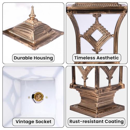 Image of GIGAWATTS BARFI Outdoor Gate Light - 101% Rust & Waterproof Die-Casting Aluminium Exterior Pillar Lamp Base Mount for Garden, Boundary Walls & Home Entrances (B22 Holder, Bulb Not Included, Gold)