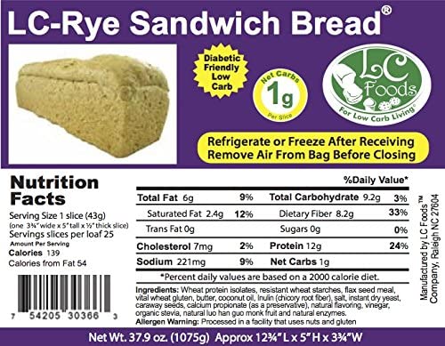 Miniatura 7 de LC Foods Pan de centeno grande bajo en carbohidratos con semillas de alcaravea, sin azúcar añadido, sin edulcorantes artificiales, apto para dieta