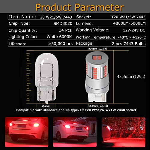 Eluseastar T20 7443 W21/5W Led Bulbs Red Built In Resistor With 34Led-Smd3020 Chip Extremely Bright For Car Brake Tail Light, 2 Pack #TOP1