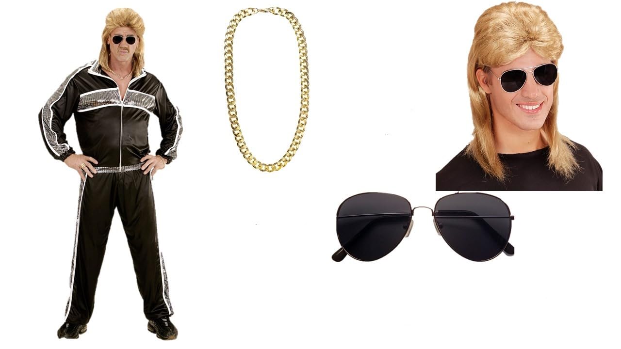 Schwarzes 80er 90er Jahre Kostümset - Trainingsanzug, Brille, Blonde Vokuhila Perücke und Protziger Goldkette L - 52/54
