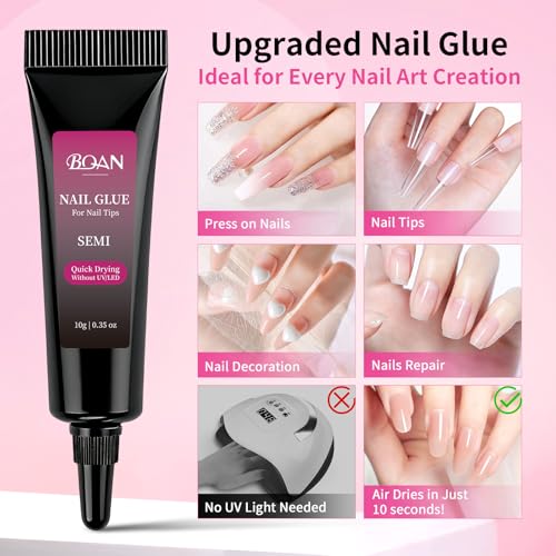 Image of BQAN Semi Nail Glue Kit Super Strong for Acrylic Nail Tips | 10g Quick-drying Glue | Long Lasting | No UV Light Required | For Press on Nails | 10ml Nail Glue Remover Includes