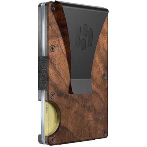 Hayvenhurst Slim Wallet For Men - Front Pocket RFID Blocking Minimalist Wallet For Men - Metal Wallet With Money Clip For Men (Walnut Wood)