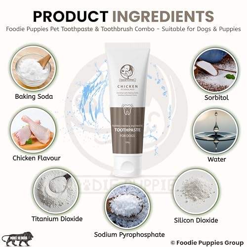 Image of Foodie Puppies Pet Dental Care Combo of Toothbrush and Toothpaste - (Couple Toothbrush + Chicken Toothpaste, 100gm) Enriched with Baking Soda Soothes Inflame Gums and 2in1 Finger brush