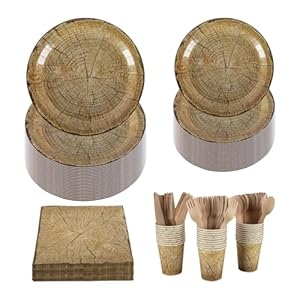 Set di stoviglie effetto legno per 30 ospiti, piatti di carta, bicchieri, tovaglioli e posate in legno, per matrimoni e picnic, compleanni, feste di Natale