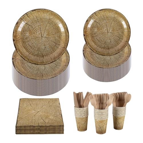 CEILIWEN Juego de vajilla con efecto de madera para 30 invitados, platos de papel de...