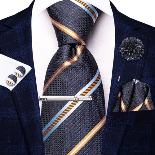 Image of Hi-Tie Striped Woven Black and Blue Neckties for Men Tie and Pocket Square Lapel Pin Silver Tie Clip Cufflinks Set Wedding Business 6PCS