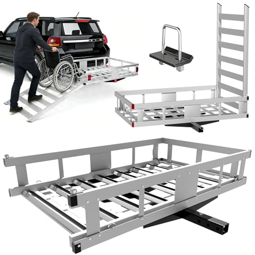 55x34x13 Aluminum Trailer Hitch Cargo Carrier with Ramp 1250LBS Hitch Cargo Carrier Foldable Wheelchair Carrier for Car Mobility Scooter Carrier with 2 Receiver Hitch Mount Cargo Carrier