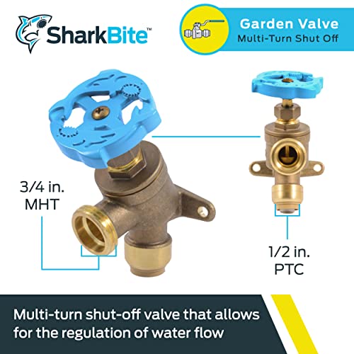 Image of SharkBite 1 /2 Inch x 3 /4 Inch MHT Garden Valve, Multi Turn, Push to Connect Brass Plumbing Fitting, PEX Pipe, Copper, CPVC, PE-RT, HDPE, 24622LF