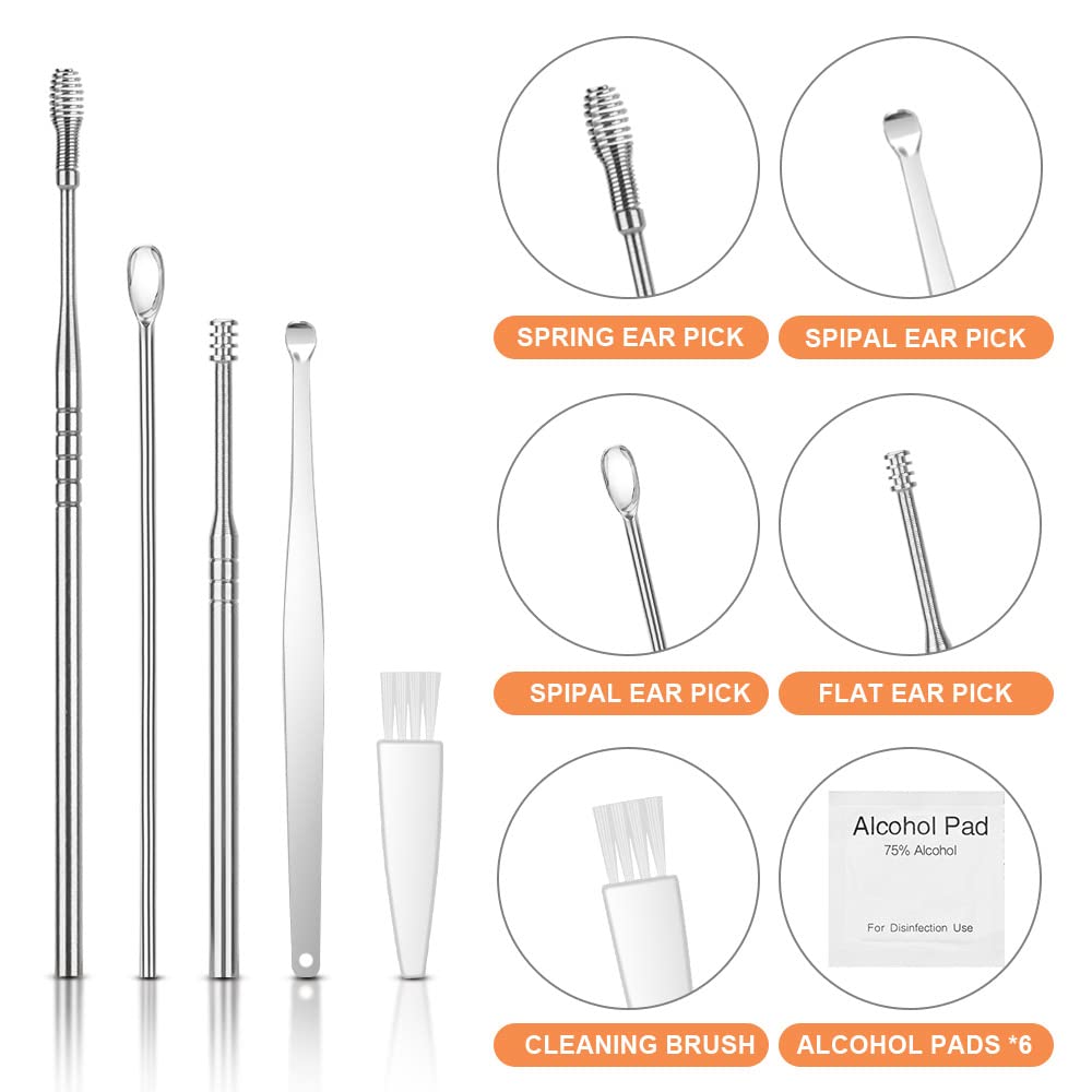 Vicloon Pulisci Orecchie, 15 Pezzi Kit Rimozione Cerume, Strumenti per Pulizia Dell’Orecchio con LED, 2 Lente D'ingrandimento e 6 Tamponi, Con Scatola Portaoggetti, Adatto per Adulti e Bambini