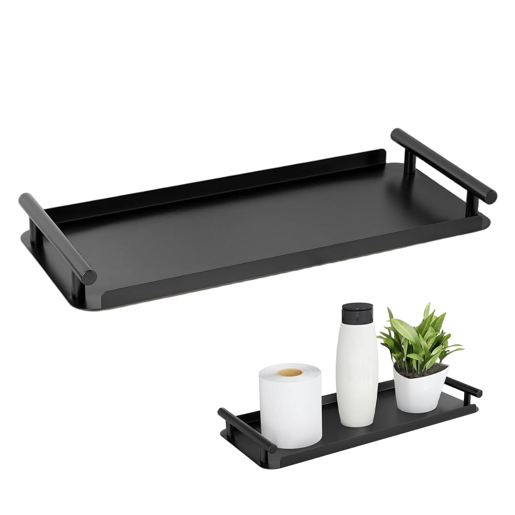 14x5.7x1.4 inch Black Bathroom Tray Countertop, Soap Dispenser Tray with Handle Non-Slip Decorative Vanity Trays for Bathroom Dresser