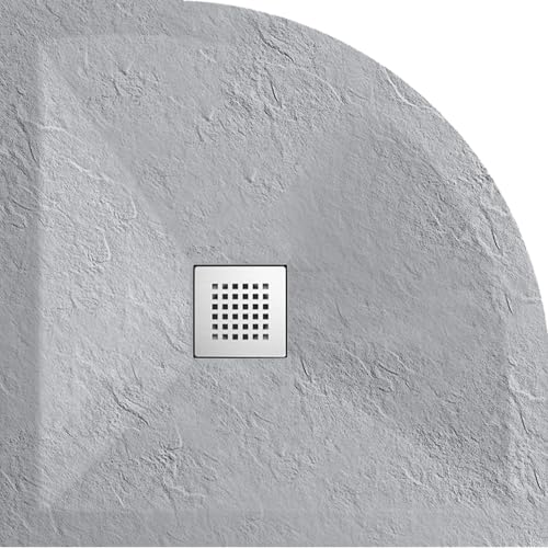 Balneo Plato de Ducha Semicircular 80x80x2,5cm Gris Claro, Resina Composite con Textura Pizarra, Antideslizante y Antibacteriano, Extraplano y Recortable, Incluye Rejilla de Acero Inoxidable
