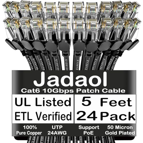 Jadaol Cat6 5ft 24 Pack Patch Cables, 10Gbps High-Speed Ethernet Patch Cables, Support Cat8/7 Network, 24AWG Pure Copper, RJ45 Gold-Plated Connector, LAN Network Cable for Patch Panel to Switch, Black