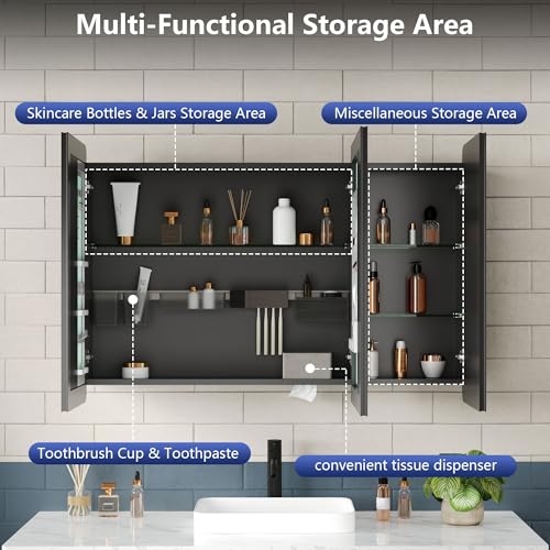 Botiquín de medicina de tres puertas DeerValley de 48'' x 32'' con espejo, estantes de vidrio ajustables, soporte para cepillo de dientes y ganchos internos, montaje en pared para baño miniatura 5