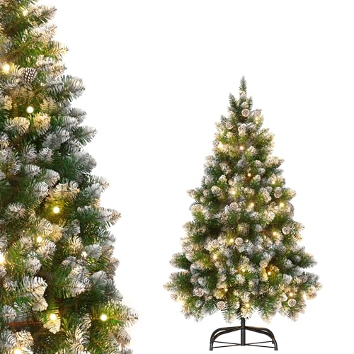Aufun Árvore de Natal artificial com iluminação LED 350, luz branca quente, inclui suporte de metal, 820 pontas, árvore de Natal em PVC (180 cm, efeito neve pinhas LED)