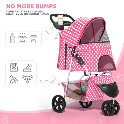 Image of Magshion 3-Wheel Pet Stroller, Foldable Travel Jogger for Small & Medium Dogs & Cats (Up to 33lbs), Lightweight Carrier with Breathable Mesh Cover, Cup Holder & Storage Basket, Hot Pink Polka Dots