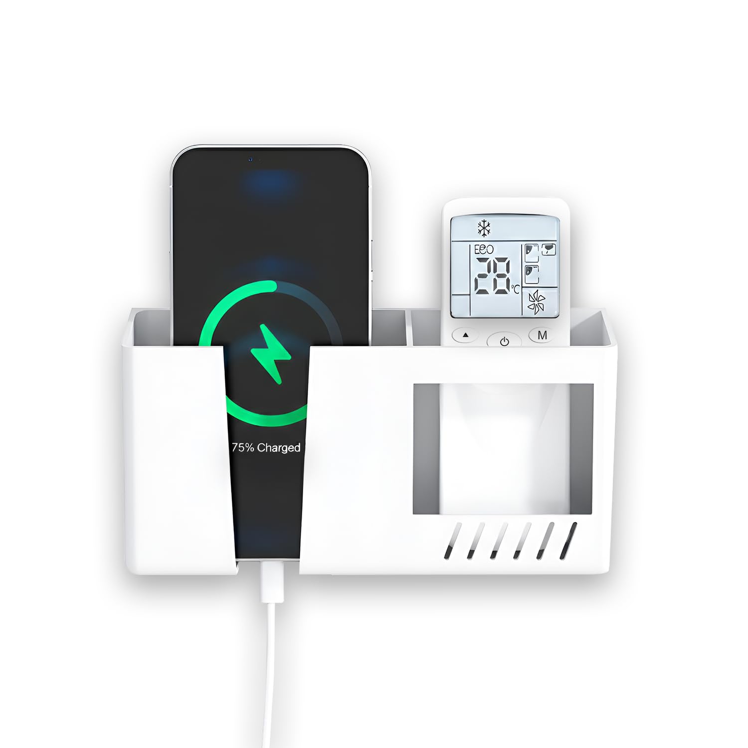 Prolet Wall Mount Mobile Charging Holder with Storage Box, Self-Adhesive Phone Stand, AC/TV Remote Organizer, Multipurpose Shelf-(White)