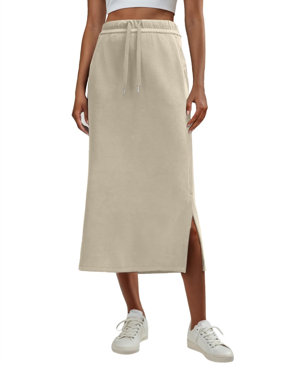 Lepunuo Casual Maxi Skirts for Womens High Waist Trendy Drawstring Side Slit Skirts with Pockets