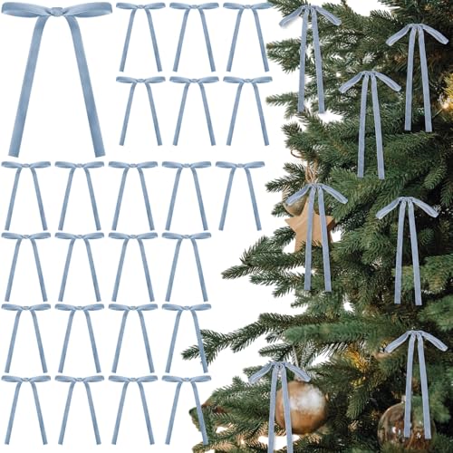 Glitinsel 24 Pcs Velvet Bows for Christmas Tree Vintage Ribbon Bows for Crafts Garland Home Coquette Wedding Birthday Decor(5 x 7 Inch Width of 3/8 Dusty Blue)