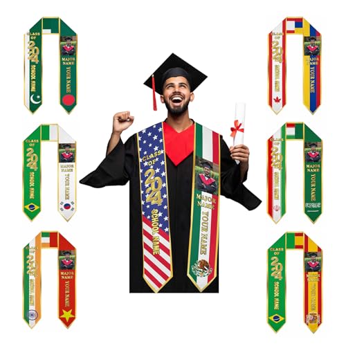 HTAPCHLY Personalized Mexico American Flag Graduation Stoles Class of 2024,Custom Graduation Gifts for International High School College Student