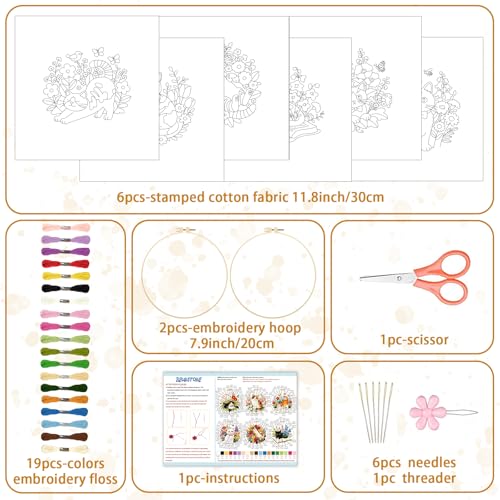 Image of BEUNITONE 6 Set Cat and Flowers Embroidery Kit for Adults Beginners, Pre-Stamped Pattern Needlepoint Kits with Hoop, Tools, Instruction, Hand Embroidery Kits for Gifts, Fabric and Home Decor 7.9x7.9