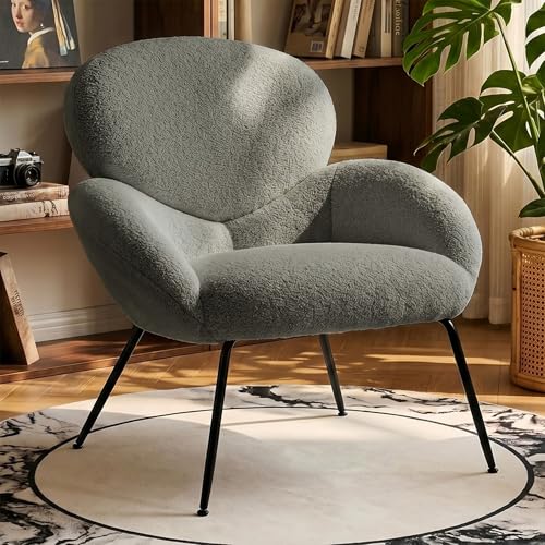 Image of Boucle Accent Chair w /Cloud Backrest for Small Space, Sage Green | Small Reading Chair with Soft Textured Boucle Fabric, Modern Style, Comfy Cloud Backrest for Living Room, Bedroom, Cafe