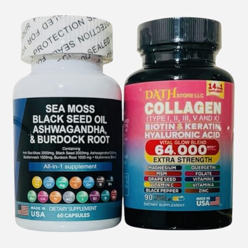 The Powerful Glowing And Revitalize Bundles : Collagen Supplement with Biotin, Keratin, Hyaluronic Acid, 64,000 mcg, Vitamin C, Sea Moss, Black Seed Oil, Ashwagandha, Burdock Root, Ginger ( 150count)