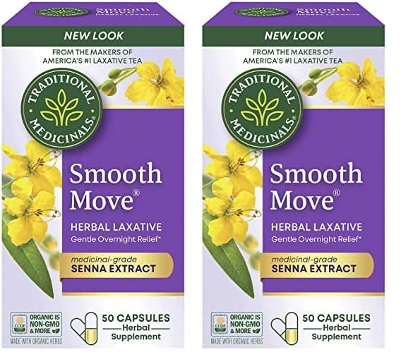 Traditional Medicinals Smooth Move Senna Laxative Capsules, Natural Herbal Constipation Relief, 50 Capsules (Pack of 2)