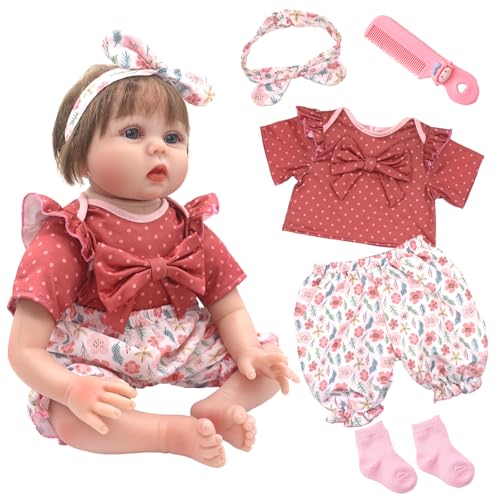 Roupas bonitas para bonecas de 50 a 55 cm para bonecas de bebé, meninas/meninos, 5 peças de roupa com nó de borboleta, acessórios com diadema floral, parte superior, calças, meias, pente, roupas de