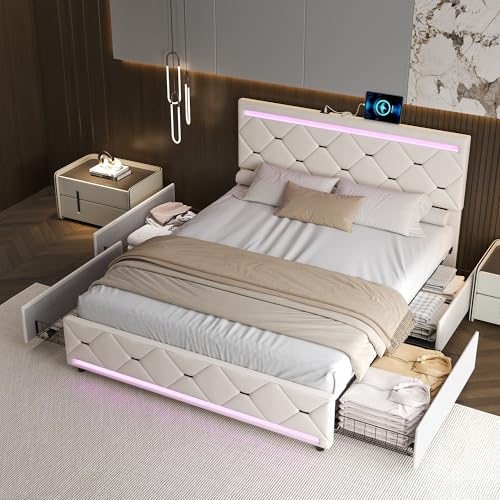 QMTXBYJ Cama Tapizada 140x190 cm, Cama Matrimonio Camas Juvenils, LED Cabecero con Carga USB, Camas Matrimoniales con 4 cajones, Estructura Camas Doble con Lamas, Sin Colchón, Terciopelo