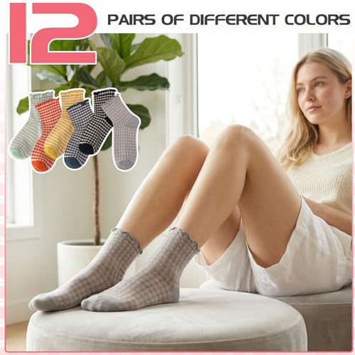 Image of 6 Pairs Women Ruffle Striped Frilly Socks, Cute Checkered Ankle Sock for Women Cotton Knit Casual Crew Socks