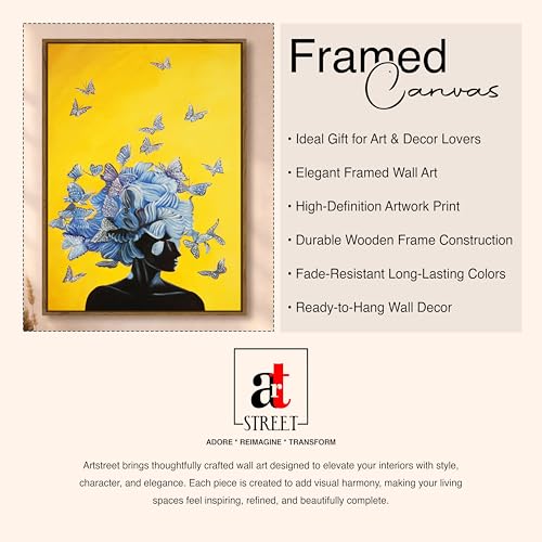 Image of Abstract Woman Portrait Framed Canvas Painting For Living Room | Butterfly Modern Floral Wall Art For Livingroom Wall Decor, Home Decor, Bedroom, Hallway's, Office, Hotel - 43x58 cm