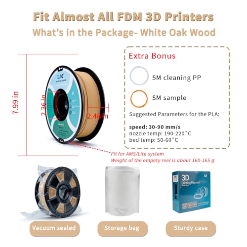 Image of ZIRO 1.75mm PLA Filament, Contain Real Wood Flour, 2.2lbs White Oak Wood | Fit for Most FDM 3D Printer, 1.75mm 1KG Spool, Dimensional Accuracy + /-0.03mm, Colorful PLA FilamenT