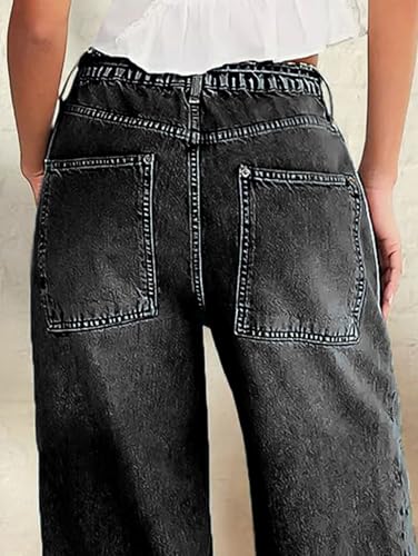 Flamingals Wide Leg Jeans for Women Drawsting Mid Waist Baggy Jeans Belted Wash Stitch Detai Trouser Jeans4