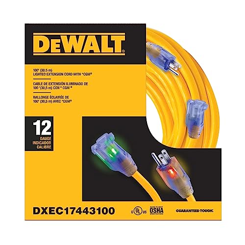 DEWALT 100 Foot 12/3 SJTW Lighted Extension Cord - Heavy Duty...