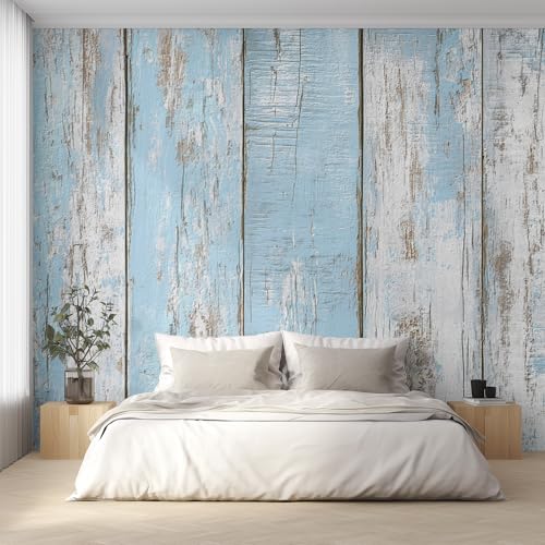 Générique Papier Peint Intissé Planche de Bois Bleu Blanc, Papier Peint Panoramique Planche de Bois Rustique pour Salon Chambre, Déco Murale Maison,...