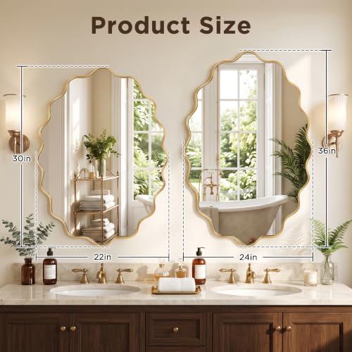 Image of Oval Wall Mirror, 22 inch x 30 inch Gold Wavy Bathroom Mirror for Wall with Brushed Alloy Steel Frame&Shatter-Proof Glass, Decorative Wall Mirrors for Bathroom Sink, Bedroom, Living Room, Entryway