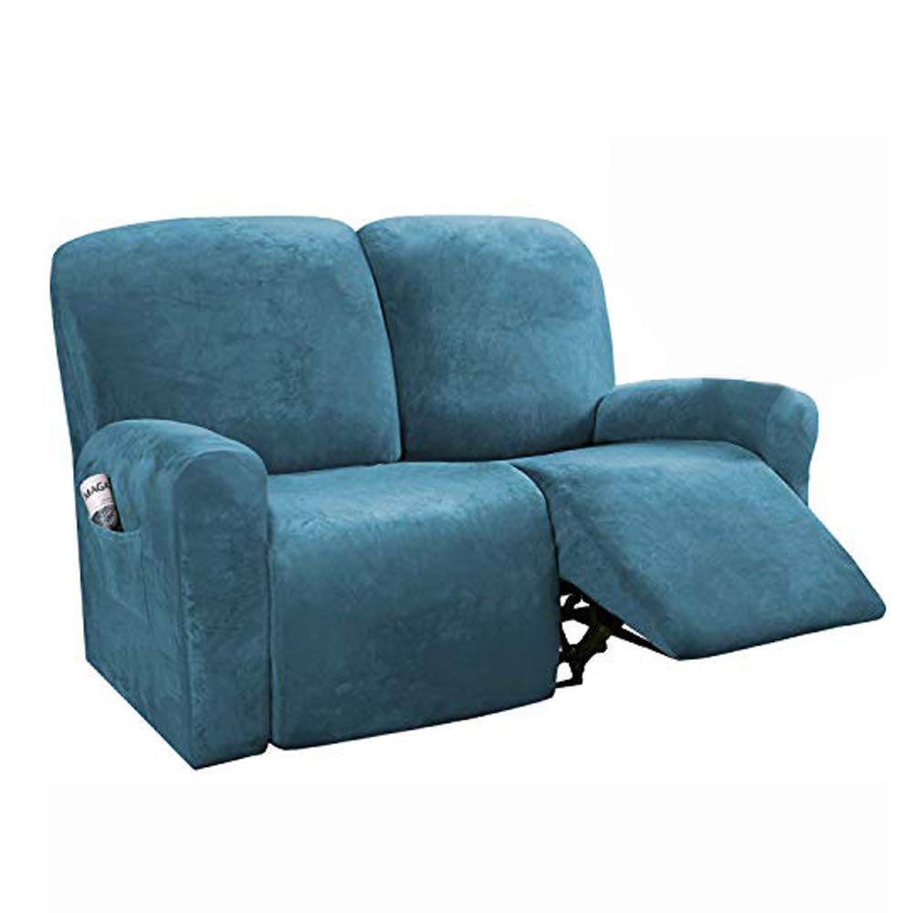 D&D EM 6-Pieces Recliner Loveseat Covers Velvet Stretch Reclining Couch Covers for 2 Cushion Sofa Slipcovers Furniture Covers Form Fit Customized Style Thick Soft Washable (Peacock Blue)