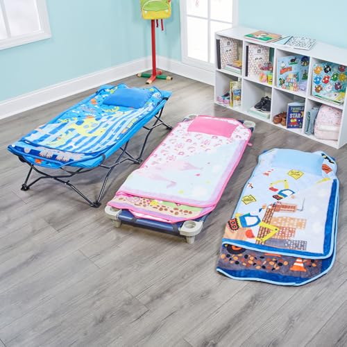 Image of EVERYDAY KIDS Cute Preschooler and Toddler Cot Nap Mat for Home, Daycare, Preschool and Kindergarten; Easy to Roll Sleeping Mat with Elastic Straps, Pillow and Blanket