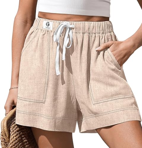 TARSE Womens Linen Shorts with Pockets Heather Light Khaki, XL