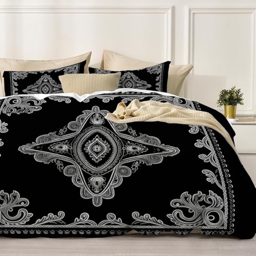 Parure de couette 240x260 cm vintage en microfibre avec motifs cachemire noir