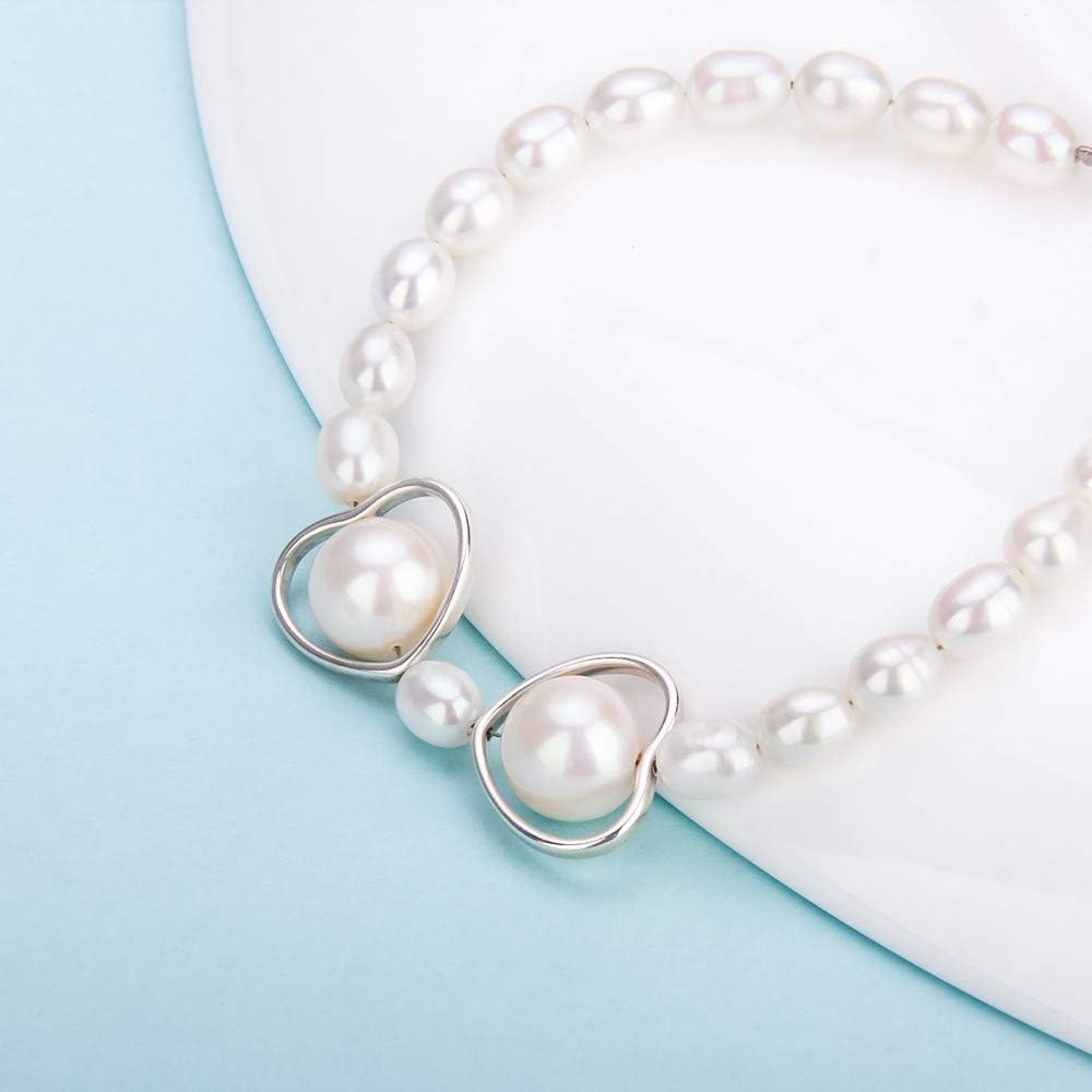 Double Heart Pendant Pearls Bracelet for Women, White Baroque Beaded Freshwater Cultured Pearl Adjustable Strand Handmade Bracelets for Jewelry
