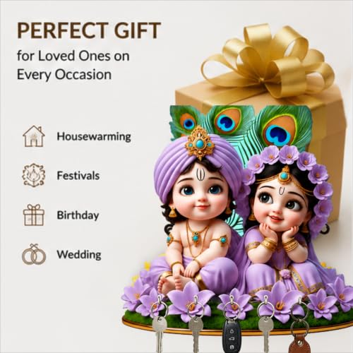 Image of Radha Krishna Wall Key Holder with 5 Hooks (Purple)