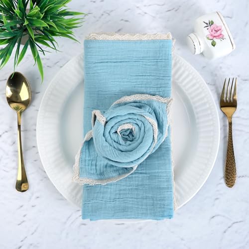 Image of FINGERCRAFT Cloth Napkins Set of 8, 20x20 Inch, Soft Cotton Muslin Dinner Napkins with Lace Edge, Reusable Washable Table Napkins for Wedding, Party, Dining & Home Decor (Aqua Marine)