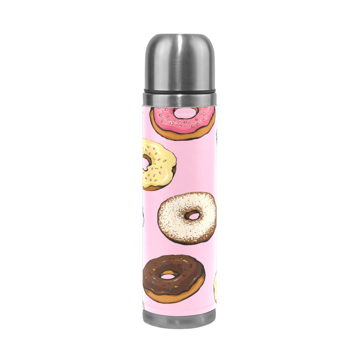 Taza de viaje aislada al vacío de acero inoxidable con doble pared a prueba de fugas, diseño de rosquillas, personalizable impreso en piel auténtica, termo termo de 500 ml